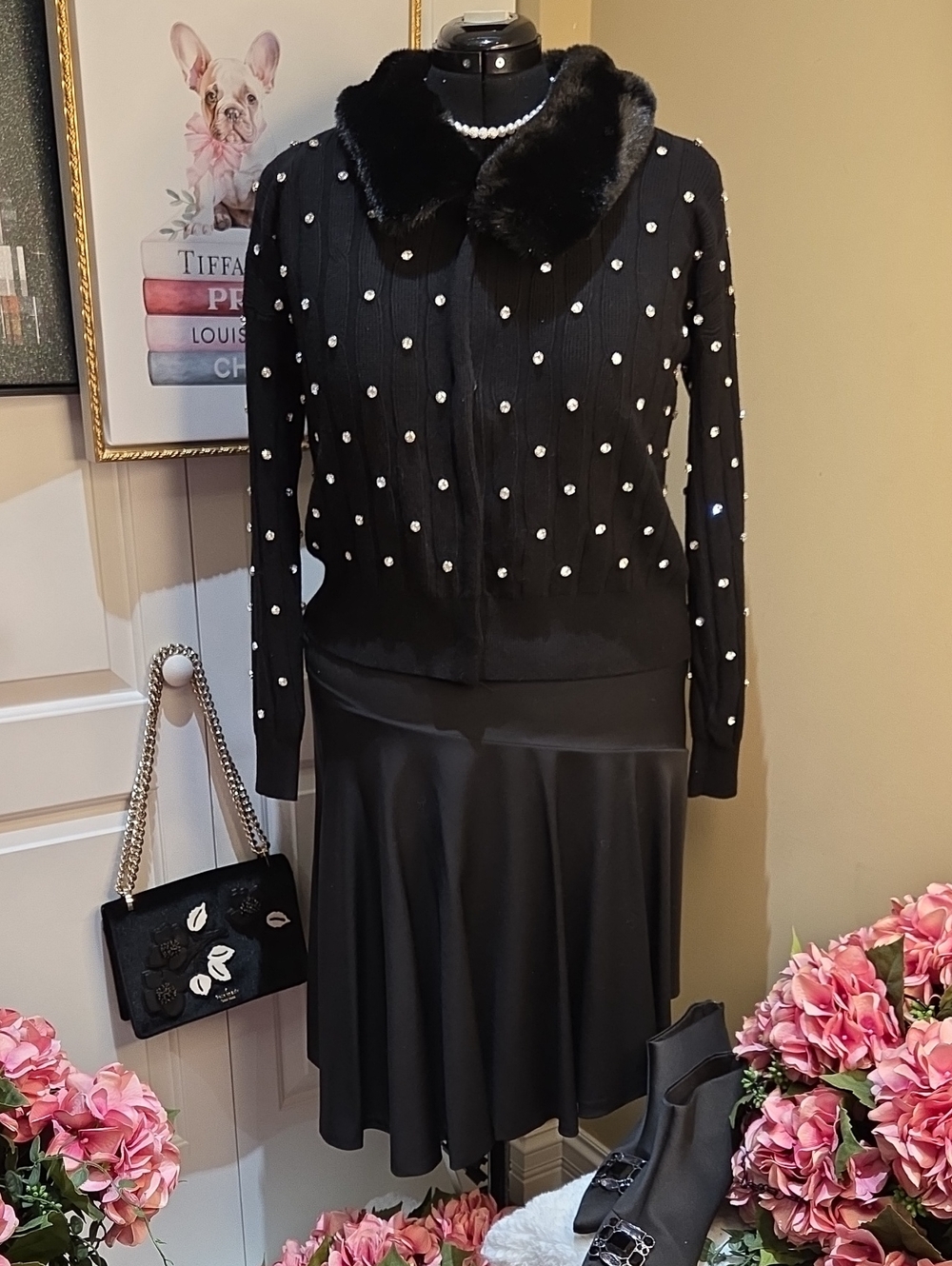 Nwt XL, M Sioni Black Pearl-Embellished Sweater with  Button Furl Collar